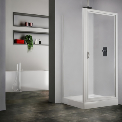 Koupelna se sprchovým koutem tvořeným pevnou stěnou SMB a dveřmi SMDO1